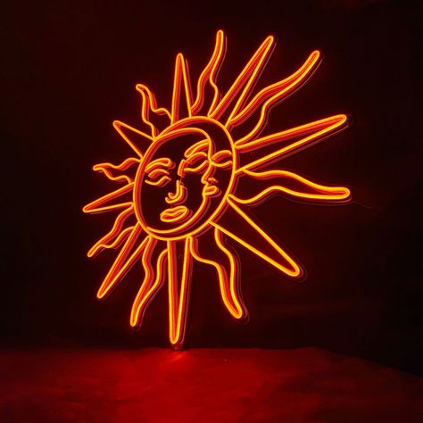 #NeonSigns #BrightIdeas #NeonCrafts #DIYNeon #NeonLightSigns #BrightIdeas Sun Led Light, Red And Orange Room Aesthetic, Sun And Moon Home Decor, Sun And Moon Room Decor, Orange Aesthetic Decor, Neon Orange Sign, Warm Orange Aesthetic, Yellow Aesthetic Room Decor, Gold Neon Sign