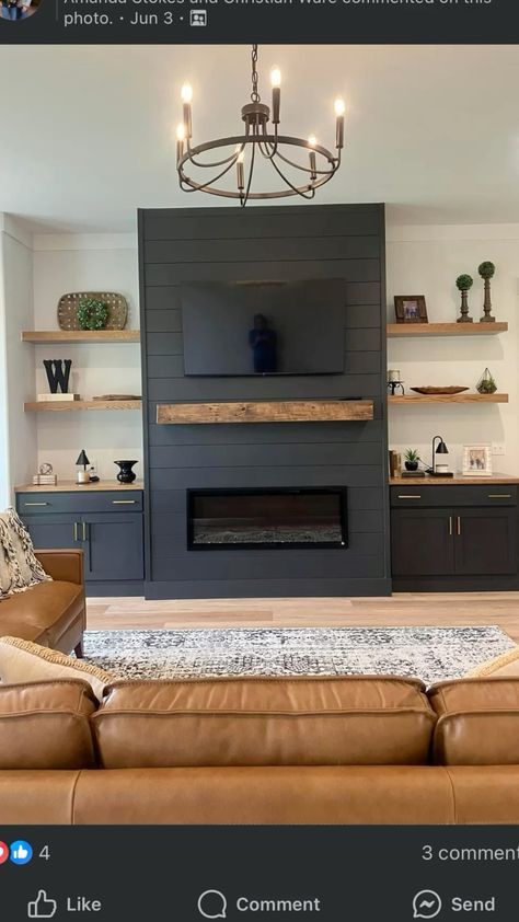 Tv On Living Room Wall, Navy And Wood Accent Wall, Fire And Tv Wall Built Ins Shiplap, Fireplace Wood Wall Ideas, Diy Master Accent Wall, Black Wood Accent Wall Living Room, Dark Green Shiplap Fireplace, Sage Green Shiplap Fireplace, Diy Built In Fireplace And Tv