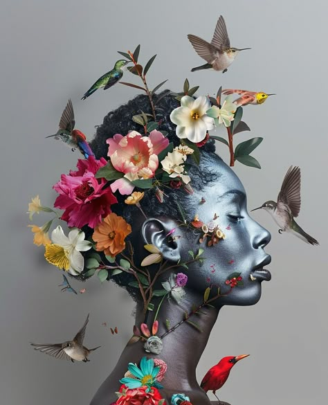 Full body shot, photorealistic of an African woman with flowers and birds on her skin, arms above head, grey background, in the style of James Bidgood for vogue magazine cover Woman With Flowers Painting, James Bidgood, Woman And Flowers, Vogue Magazine Cover, Botanical Fashion, Artistic Portrait, Woman With Flowers, Vogue Magazine Covers, Printable Downloads