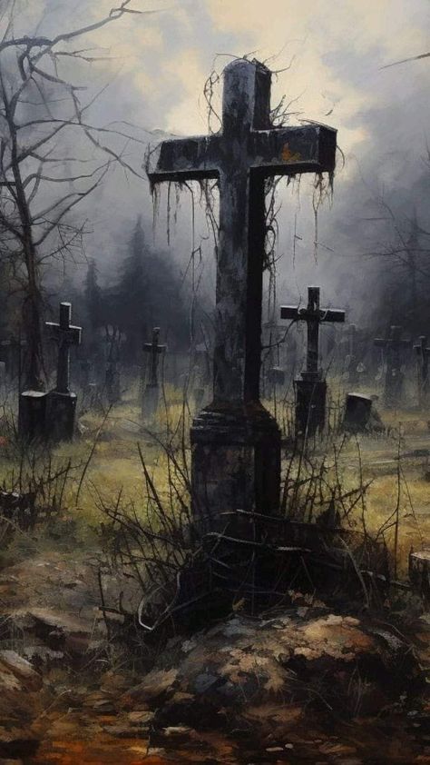 Creepy Landscapes Art, Cemetery Drawing, Cemetery Painting, Graveyard Painting, Halloween Backrounds, Old Graveyard, Haunted House Pictures, Halloween Landscape, Graveyard Tattoo