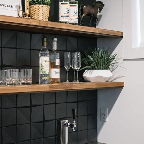 Kristina & Diana (@kresswellinteriors) • Instagram photos and videos Modern Powder Rooms, Black Tile, Built In Bar, Basement House, Rooftop Patio, Wet Bars, Black Tiles, Geometric Tiles, Basement Bar