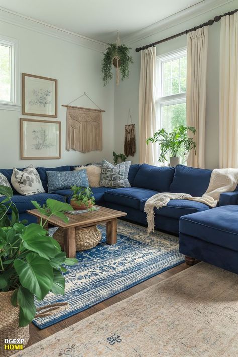 Navy Blue And Yellow Living Room Ideas, Navy Blue Sofa And Cream Living Room, Navy Couch White Walls, Blue Couch Rug Combo, Blue Couch Inspiration Living Rooms, Blue Colonial Living Room, Navy Blue And White House Interior, Navy Blue Couch Boho Living Room, Blue Sofa Colorful Living Room