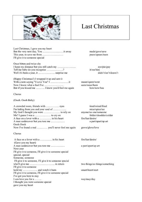 Song Worksheet: Last Christmas by Wham Christmas English Worksheets, Last Christmas Song, Last Christmas Lyrics, Back To School Art Activity, New Year Songs, Song Worksheet, Christmas Worksheet, New Years Song, Christmas Songs Lyrics