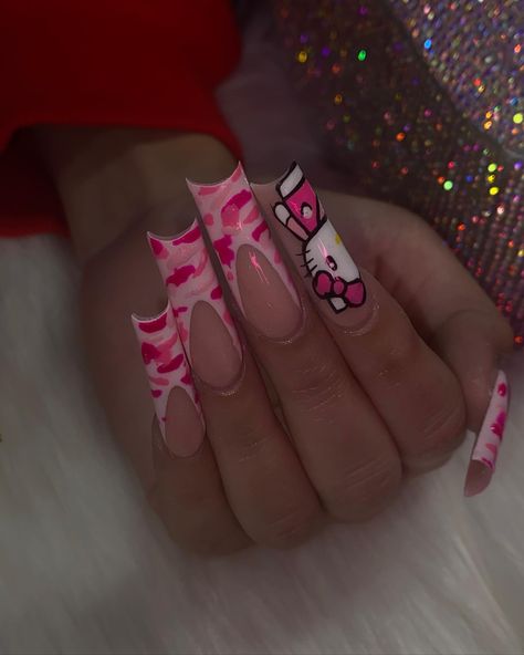 OMGOSHHH 😍🥰🥹🔥 ty to my client for being my modelll 🥰 - - - #explore #explorepage #explorenails #feed #babymilo #hellokitty #bape… | Instagram Girly Birthday Nails, Blinged Out French Tip, Y2k Nails Hello Kitty, Bape Nails, French Tip Nails Square, Pink Camo Nails, Valentines Nails French, Nail Inspo Hello Kitty, Duck Nails Short