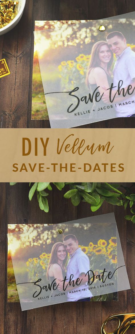 Make your Save-the-Date cards more creative, elegant, and memorable with this easy tutorial. Using budget-friendly materials like vellum and cardstock, this DIY Save-the-Date card is sure to make a lasting impression on your guests. Click for a step-by-step tutorial and list of materials: http://blog.cardsandpockets.com/2017/08/17/diy-layered-vellum-save-the-date/ Save The Date For Quinceanera Ideas, Diy Save The Date Photos, Vellum Wedding Invitations With Picture, Diy Vellum Save The Date, Easy Save The Dates Diy, Diy Save The Date Cards, Diy Wedding Save The Dates, Diy Save The Date Ideas For Weddings, Diy Save The Date Ideas