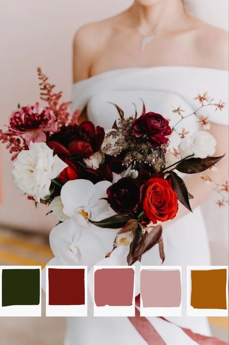 Forest Green, Crimson Red, Blush, Gold, and White colors for a tatsteful classy wedding with vintage flair. Asian inspired florals with peonies, roses, iris, orchid, and greenery. Minimalist while adding the interesting deep colors. Pushing Art Nouveau while still being timeless. Burgundy Green White Color Palette, Red Blush Green Wedding, Red Green And White Wedding Decor, Red Wedding Pallet, Red Pink Green Gold Color Palette, Olive Green Blush Pink Wedding, Red And Olive Green Wedding, Light Red Wedding Theme, Red And Gold Wedding Flowers