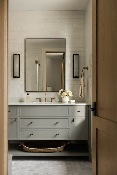 Tahoe Pines Paint Guide - Studio McGee Studio Mcgee Bathroom Mirror, Studio Mcgee Ensuite, Intrigue Benjamin Moore Bathroom, Mcgee And Co Powder Bathroom, Powder Room Studio Mcgee, Studio Mcgee Guest Bathroom, Painted Powder Room Vanity, Primary Bathroom Double Vanity, The Fox Group Bathroom