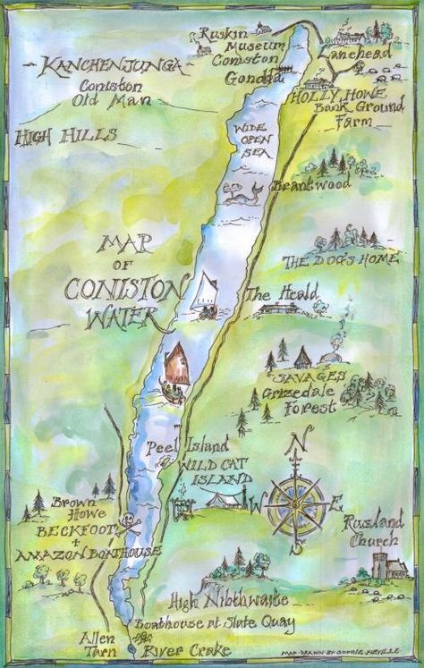 Map showing film locations used in the 1974 film of 'Swallows & Amazons' around Coniston Water in the English Lake District drawn by Sophie Neville 1700s Cottage, Swallows And Amazons, New Adventure Quotes, Unit Studies Homeschool, World Illustration, Camp Theme, Illustrated Maps, Cat Island, Film Locations