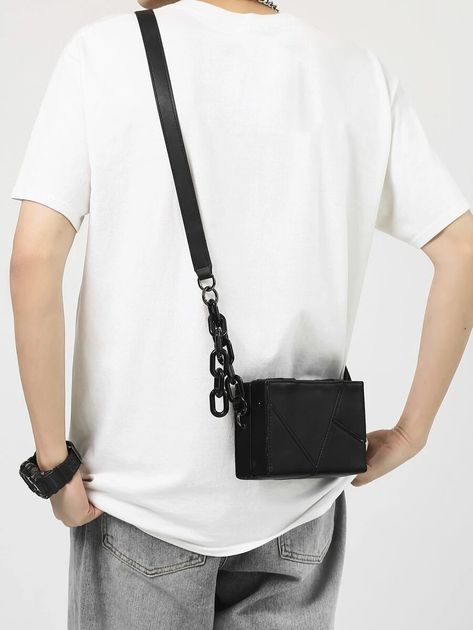 Men Minimalist Chain Decor Box Bag | SHEIN Sling Bag Mens Outfit, Mens Wedding Rings Black, Sling Bag Men, Minimalist Chain, Sling Bag For Men, Rings Black, Chain Decor, Fashion Suits For Men, Fashion Suits