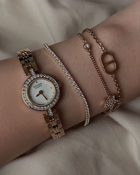 #stack #bracelet #tennisbracelet #watch #vintage #dior #quartz #citizen #aesthetic #jewelry #jewellery #inspo Dior Bracelet Stack, Bracelet And Watch Stacking, Dior Jewelry Aesthetic, Dior Watch Women, Watch And Bracelet Stack, Dior Watches, Dreamy Accessories, Dior Bracelet, Silver Bracelet Stack