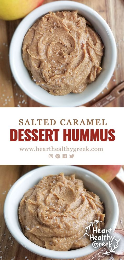 Fruit Hummus Recipe, Desert Hummus Recipe, Salted Caramel Hummus, Healthy Caramel Dip, Fruit Hummus, Apple Pie Hummus, Sweet Hummus Recipe Healthy, Sweet Chili Hummus Recipe, Dessert Hummus Healthy