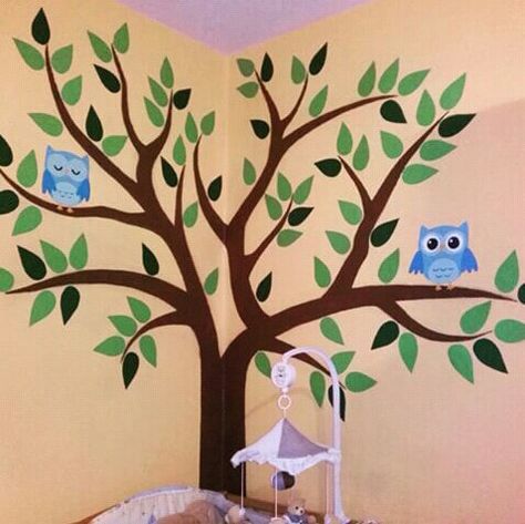 Tree Painting On The Wall Corner, Easy Tree Mural, Tree Painting On The Wall, Snp Idea, Nursery Class Decoration, Kids School Organization, Tree Wall Painting, Classroom Tree, Painting Corner