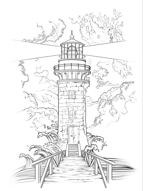 Pyrography Lighthouse Patterns, Nautical Tattoo Sleeve Drawings, Lighthouse Outline Tattoo, Lighthouse With Waves Tattoo, Lighthouse Tattoo Design Realistic, Lighthouse Drawing Tattoo, Lighthouse Drawing Sketch, Light House Sketch, Light House Tattoo Design