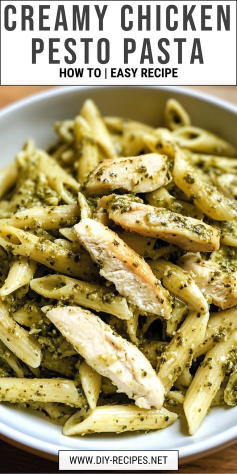 Try this creamy chicken pesto pasta recipe! With a rich sauce, Parmesan, and tender chicken, it's a family favorite meal. Creamy Chicken Pesto Pasta, Pesto Pasta Recipes Chicken, Pesto Lasagna, Creamy Pesto Chicken Pasta, Wonton Soup Recipe, Chicken Pesto Pasta, Pesto Pasta Recipe, Pesto Tortellini, Pesto Pasta Recipes