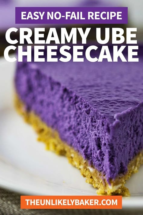 Try this luxurious ube cheesecake on a bed of crunchy coconut cookie crust topped with creamy coconut whipped cream. It’s cheesecake like you’ve never had before! Delicious and so easy to make. Loved by thousands of home bakers. Perfect for every celebration. No Bake Ube Cheesecake Recipe, No Bake Ube Cheesecake, Ube Desserts Recipes Easy, Ube Pie, Ube Tiramisu Recipes, Easy Filipino Desserts, Ube Condensed Milk Recipe, Ube Cheesecake, Ube Pie Recipe