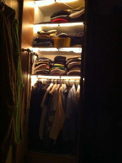 DIY Instructable for automatic LED lights for your closet...I will be doing this.  A friend of ours said he installed one for his mother in her closet, but he put the lights around the inside of the door frame.  I think I would like that better, but this is the same basic principal. Automatic Closet, Pantry Lights, Home Depot Closet System, Home Depot Closet, Closet Cupboard, Pantry Lighting, Interior Wood Stain, Make A Closet, Miami Interior Design