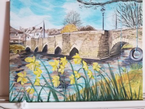 This is a springtime painting in acrylic of the ancient bridge at Lostwithiel, Cornwall over the River Fowey painted by Snowey Barker in her garden studio ' Ye Olde Lazy Cow Inn'. Lostwithiel Cornwall, Springtime Painting, Ancient Bridge, Button Ideas, Painting In Acrylic, In Her Garden, Powerful Art, Over The River, Garden Studio