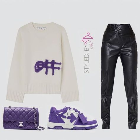 Purple Off White Shoes Outfit, Purple Baddie Outfits, Purple Birthday Outfit, Birthday Outfit Purple, Swag Fits, White Shoes Outfit, 18th Birthday Outfit, School Fit, Purple Fits