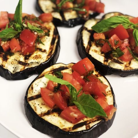 Grilled Eggplant Bruschetta - GrillGrate Eggplant Bruschetta, Grilled Eggplant, Healthy Grilling, Garden Recipes, Great Appetizers, Avocado Egg, Veggie Recipes, Summer Recipes, Eggplant