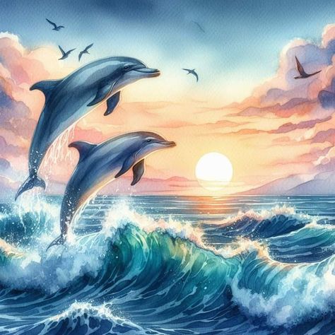 Dolphin Painting Easy, Dolphins Painting, Watercolor Scenery Painting, Dolphin Sunset, Birch Trees Painting, Dolphin Images, 3d Wallpaper Cute, Dolphin Painting, Buddha Tattoo Design