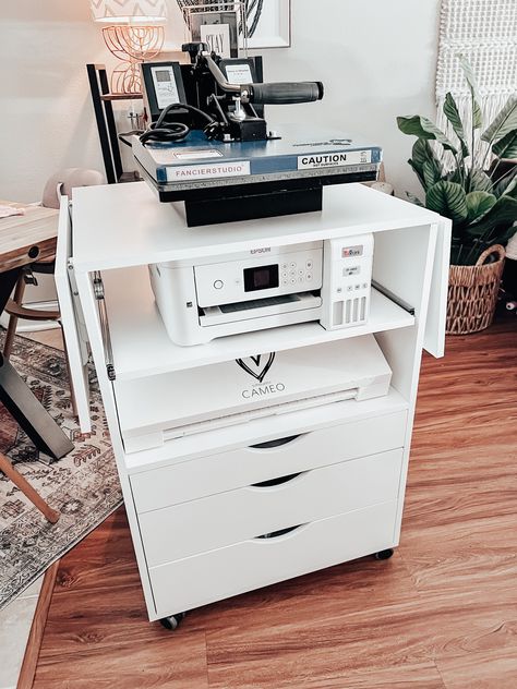 Cricut And Printer Storage Ideas, Heat Press Table Ideas, Office In Dining Room, Portable Workshop, Printing Station, Craft Storage Closet, Printer Station, Diy Office Organization, Craft Closet Organization