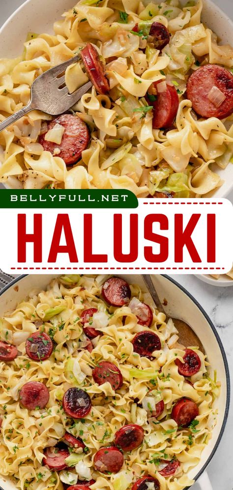 This Haluski recipe features fried cabbage and noodles plus kielbasa and lots of butter. It’s a savory, satisfying side dish or entree that can be prepared in under 30 minutes. Kielbasa Noodle Recipes, Kielbasa And Egg Noodles Recipes, Kiebalsa Sausage And Cabbage Recipe, Kielbasa And Bow Tie Pasta, Kielbasa Sides, Side Dishes For Kielbasa, Polish Cabbage And Noodles, Cheddar Kielbasa Recipes, Cabbage And Noodles With Smoked Sausage