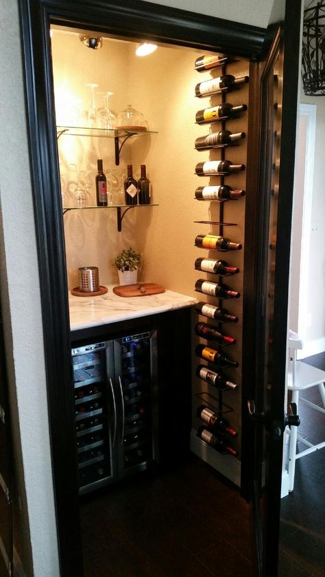 Wine Liquor Storage, Winw Storage, Wine Fridge Closet, Small Wine Closet Ideas, Wine Storage Small Space, Wine Closets Ideas, Utility Room Wine Storage, Secret Wine Room, Under Stair Wine Fridge