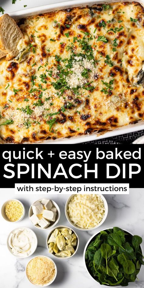 Better than any restaurant version (I promise!), this easy spinach artichoke dip is made with just 7 ingredients and takes less than 45 minutes from start to finish! And there's NO MAYO! No family get-together or party is complete with oven-baked spinach dip! Best Artichoke Dip Recipe, Spinach Dip Recipe Easy, Easy Spinach Artichoke Dip, Baked Spinach Dip, Spinach Artichoke Dip Easy, Baked Spinach Artichoke Dip, Baked Spinach, Spinach And Artichoke Dip, Spinach Dip Recipe