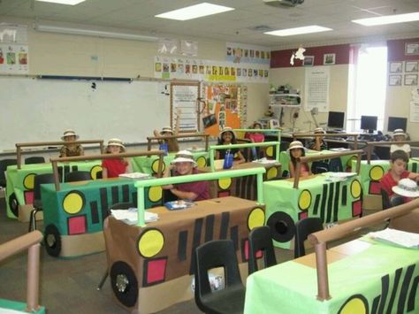 Jeep desks Kindergarten Transportation Unit, Kindergarten Transportation, Jungle Theme Classroom, Safari Jeep, Jungle Thema, Clutter Free Classroom, Classroom Transformation, Class Decor, Vacation Bible School