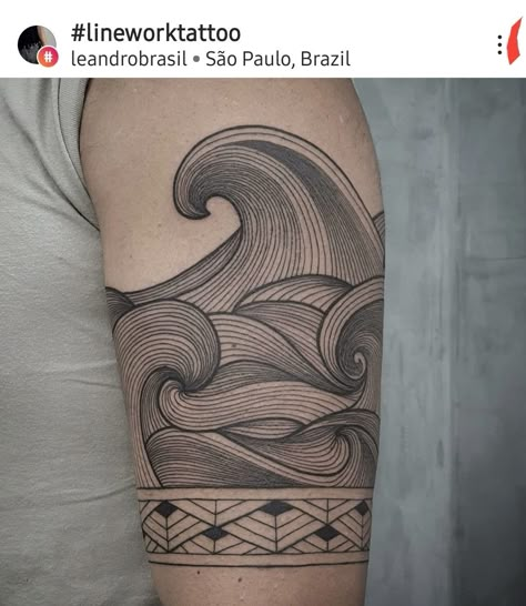 Geometric Water Tattoo, Wave Tattoo Sleeve, Maori Tattoo Frau, Japanese Wave Tattoos, Brazilian Tattoo, Cuff Tattoo, Woodcut Tattoo, Line Tattoo Ideas, Forearm Band Tattoos