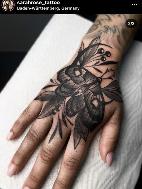 Black Cat Hand Tattoo, Coverup Hand Tattoos For Women, Hand Coverup Tattoos For Women, Insect Hand Tattoo, Coverup Hand Tattoos, Moth Hand Tattoos For Women, Hand Tattoo Coverup, Hand Tattoo Cover Up Ideas For Women, Hand Tattoos Cover Up