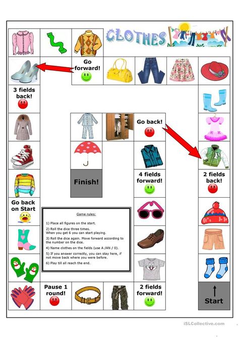 Clothes board game worksheet - Free ESL printable worksheets made by teachers Esl Board Games, Ingles Kids, Clothes Game, Printable Board Games, Esl Games, Clothes Board, Esl Activities, English Games, English Teaching