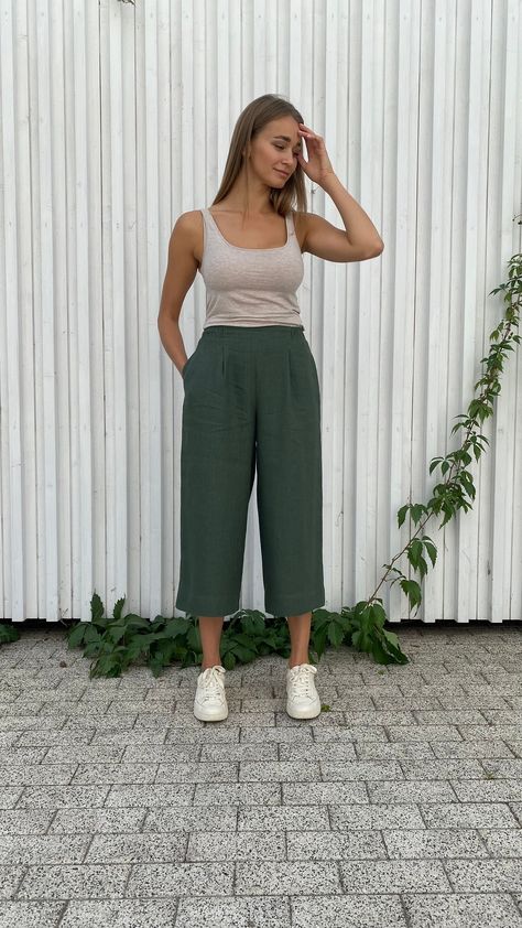 Linen Culottes, Womens Pants, Latvia, Midi Length, Pants For Women, Ships, Green, Pants, Clothes