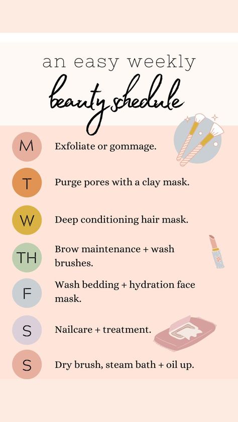 Weekly Beauty Routine Schedule, Weekly Skincare Routine Schedule, Hair Oil Schedule, Body Maintenance Schedule, Weekly Pamper Routine, Grooming Schedule For Women, Hair Oiling Schedule, Beauty Schedule Calendar, Body Care Schedule