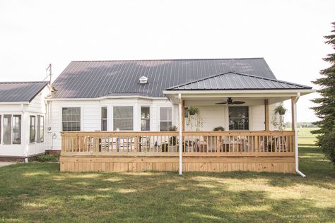 Back Deck Seating Ideas, Farmhouse Back Deck Ideas, Deck Over Septic Cover, White House With Deck, Farmhouse Deck, Living Space Interior, Outdoor Furniture Ideas Backyards, Deck Gazebo, Gazebo On Deck