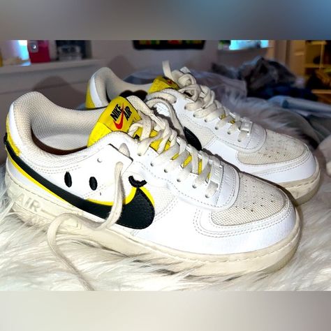 Nike Air Force 1’s / smiley face Smiley Face Air Force 1, Old Shoes, Nike Air Force 1, Smiley Face, Air Force 1, Nike Air Force, Smiley, Me Too Shoes, Air Force