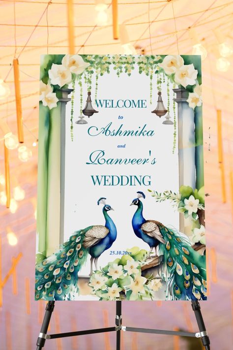 Peacock and jasmine Indian wedding welcome sign board template two peacocks gajra garlands arch Jasmine Garden, Peacock Wedding Invitations, Wedding Entrance Sign, Indian Wedding Theme, Peacock Garden, Wedding Card Design Indian, Red Wedding Decorations, Peacock Wedding Theme, Wedding Welcome Board