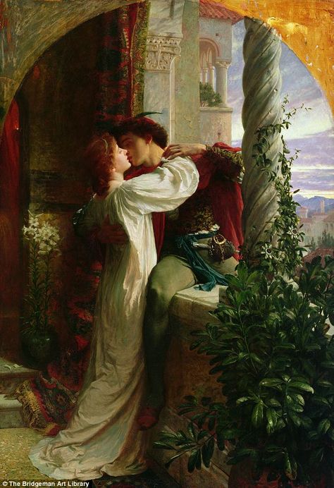 'Romance is a dream that still lives in the hearts of millions': Romeo and Juliet, 1884, depicted in oil on canvas by Frank Bernard Dicksee. It hangs in Southampton City Art Gallery Romeo And Juliet Poster, Romeo Ve Juliet, Frank Dicksee, Romantic Artwork, Pre Raphaelite Art, Romantic Paintings, Marc Chagall, Figure Art, Forbidden Love