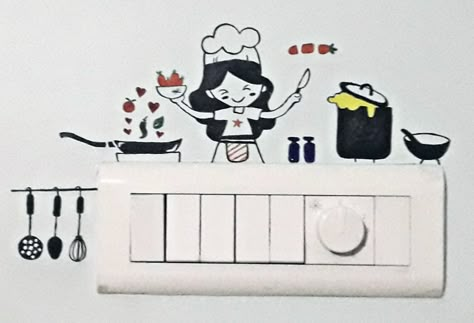 Sketches On Wall Decor, Switch Board Art Kitchen, Kitchen Switchboard Art, Switch Box Painting Ideas, Cute Switchboard Art, Creative Switch Board Art Easy, Kitchen Wall Painting, Swichbord Drawing, Creative Switch Board Art