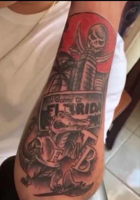 This tattoo is an idea of what a florida theme tattoo would be Florida Theme Tattoo, Florida Tattoos For Men, Florida Sleeve Tattoo, 305 Tattoo Miami, Florida Tattoo Ideas For Men, Florida Themed Tattoos, Florida Tattoo Ideas, Forearm Tattoo Ideas For Men, Florida Tattoo