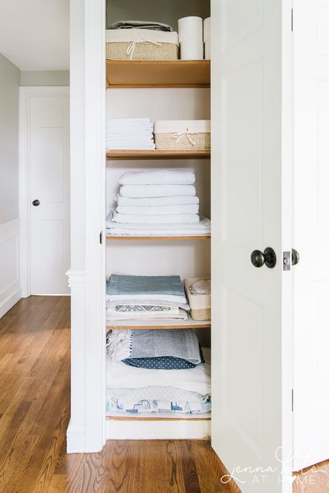 This time, I'm organizing my linen closet and broom closet and sharing some of my favorite cleaning products from The Container Store with you. #organization #linencloset #jennakateathome #tidy #clean Broom Closet Organization, Broom Closet Organizer, Small Bathroom Storage Solutions, Small Closet Storage, Small Linen Closets, Master Closet Organization, Closet Small Bedroom, Closet Clutter, Broom Closet