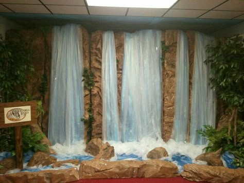 Fake Waterfall, Table Cloth Ideas, Cave Quest Vbs, Shipwrecked Vbs, Weird Animals Vbs, Cave Quest, Cloth Ideas, Blue Tablecloth, Vbs Ideas