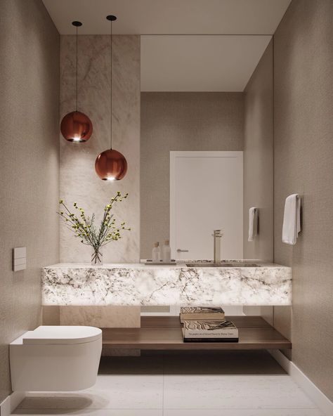 Neutral Washroom Design, Ultra Modern Powder Room, Modern Hotel Bathroom Design Luxury, Vessel Sink On Floating Shelf, Powder Room Luxury Modern, Modern Powder Bathroom Design, Marble Powder Room Ideas, Powder Bath Pendant Lighting, Dramatic Powder Room Luxe