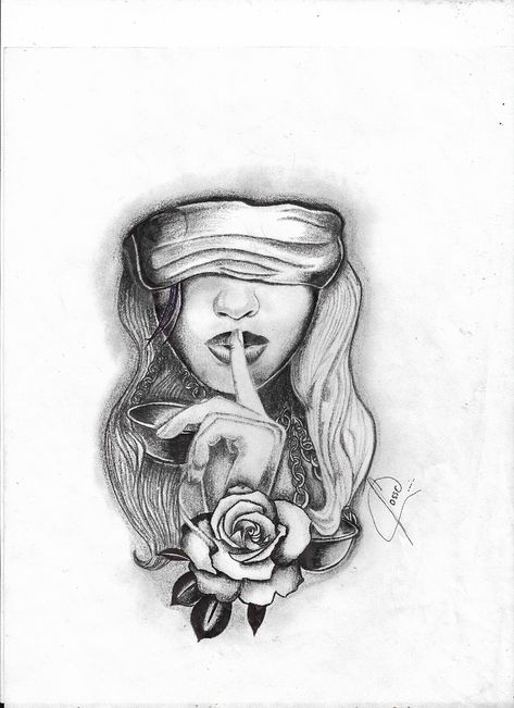 Justicia ciega Portrait Tattoo, Female Sketch, Tattoos, Art