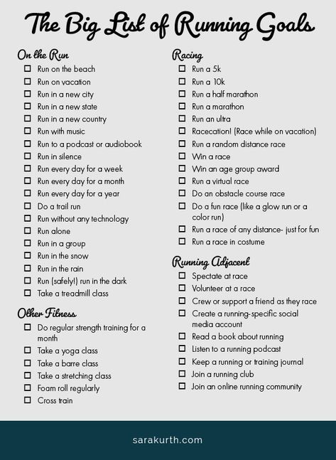 Not sure what your next running goal should be? Here are dozens of goals to get you thinking about the possibilities. #runninggoals Running Journal, Running In The Dark, Running Goals, Running 10k, Running In The Rain, Virtual Race, Running On The Beach, Running 5k, Running Club