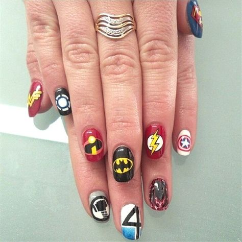 Comic-Con Nails: Comic Book Nail Art for Heroes and Villains - NAILS Magazine Dc Comics Nail Art, Villains Nails, Comic Book Nail Art, Dc Nails, Comic Nail Art, Comic Book Nails, Book Nail Art, Nail Color Combos, Heroes And Villains