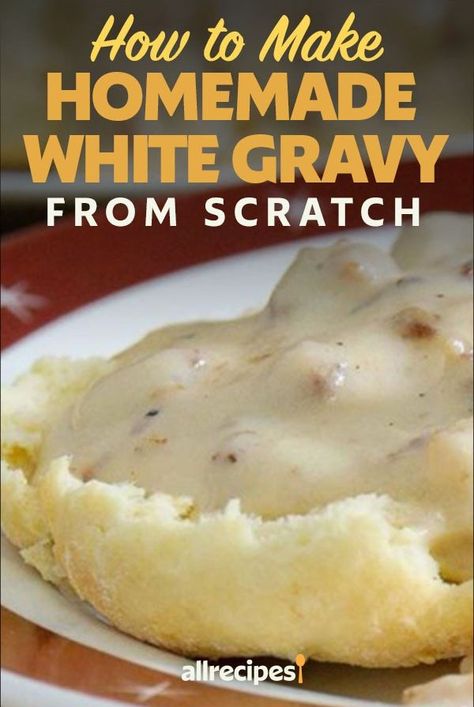 Learn how to make homemade white gravy from scratch in three easy steps. If you're making fried chicken, biscuits, or potatoes—white gravy is a fast and easy way to add flavor and moisture. Read on to learn how to make white gravy, and discover some of our top white gravy recipes. Easy White Gravy For Biscuits, Homade Gravy For Biscuits, White Country Gravy Recipe Easy, How To Make Breakfast Gravy, Home Made Gravy Easy, Flour Gravy Recipe Easy, Homemade White Gravy For Biscuits, Home Made Gravy For Biscuits, Easy Homemade Gravy For Biscuits