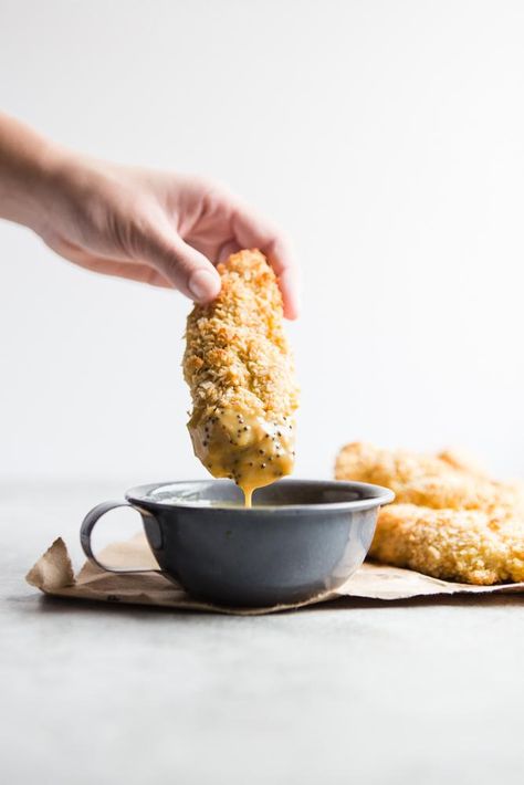 Chicken Tenders Sauce, Baked Chicken Tenders Healthy, Baking Chicken, Creamy Honey, Honey Mustard Dipping Sauce, The Modern Proper, Healthy Baked Chicken, Modern Proper, Almond Chicken