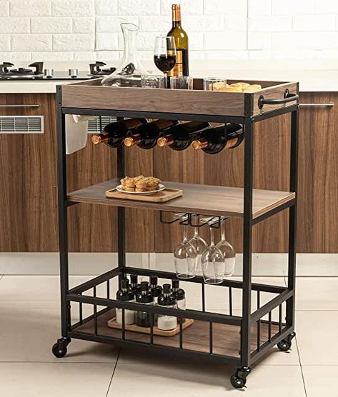 Industrial Bar Cart, Bar Serving Cart, Wood Bar Cart, Mobile Kitchen, Food Cart Design, Serving Trolley, Portable Kitchen, Industrial Bar, Serving Cart