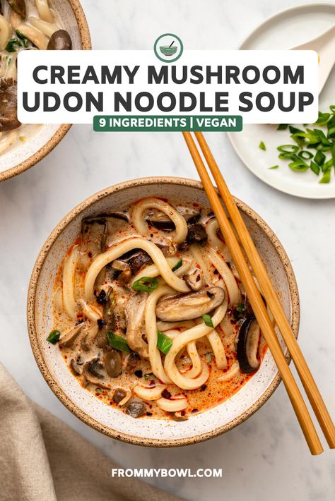 Udon Soup Vegetarian, Udon Noodle Recipe Soup Vegetarian, Udon Noodles Mushroom, Ramen Udon Noodle Recipes, Udon Broth Recipe, Creamy Udon Noodles, Vegan Asian Soup, Miso Udon Soup, Udon Noodles Soup